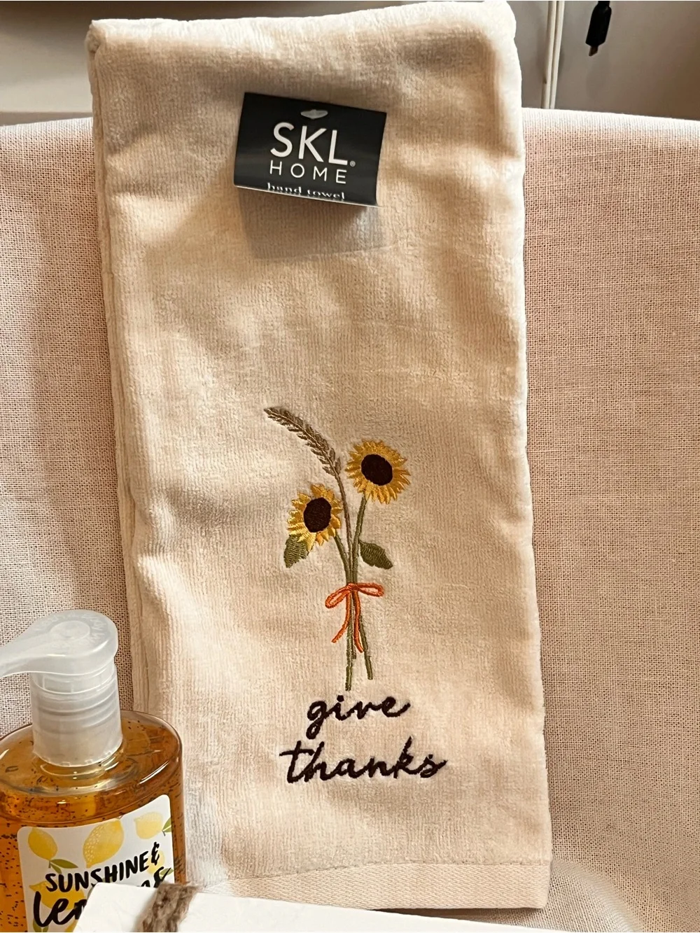 SKL Home Cream Hand Towel with Sunflower Embroidery Bundle